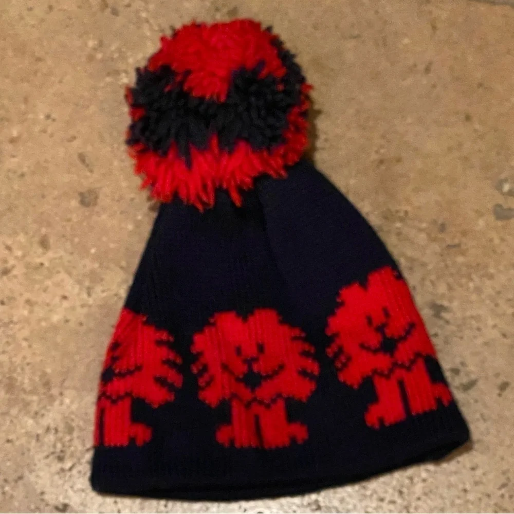 Vintage SMILEY Kids Navy Red 100% Wool Lion Pom Pom Knit Beanie One Size-Unisex
